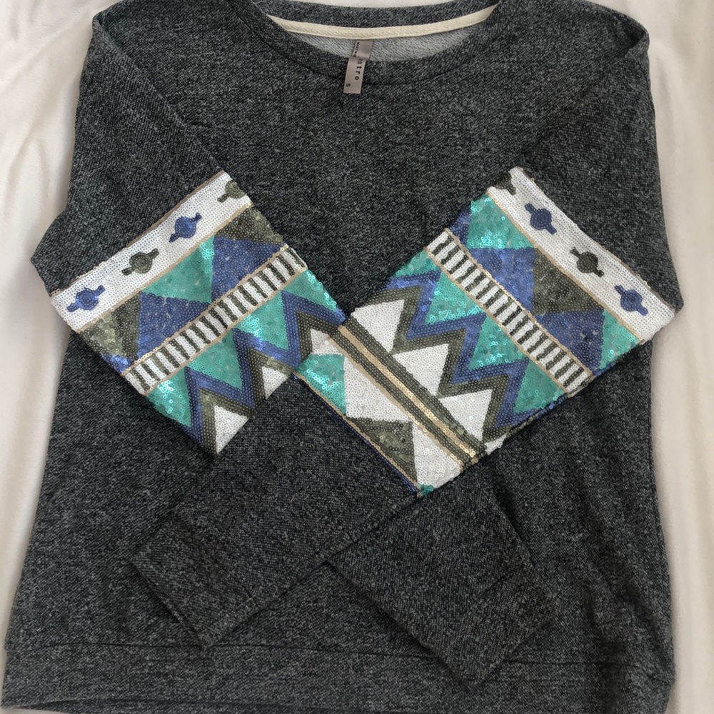 Gray Sweater with Sequin Sleeve Detail Size Small